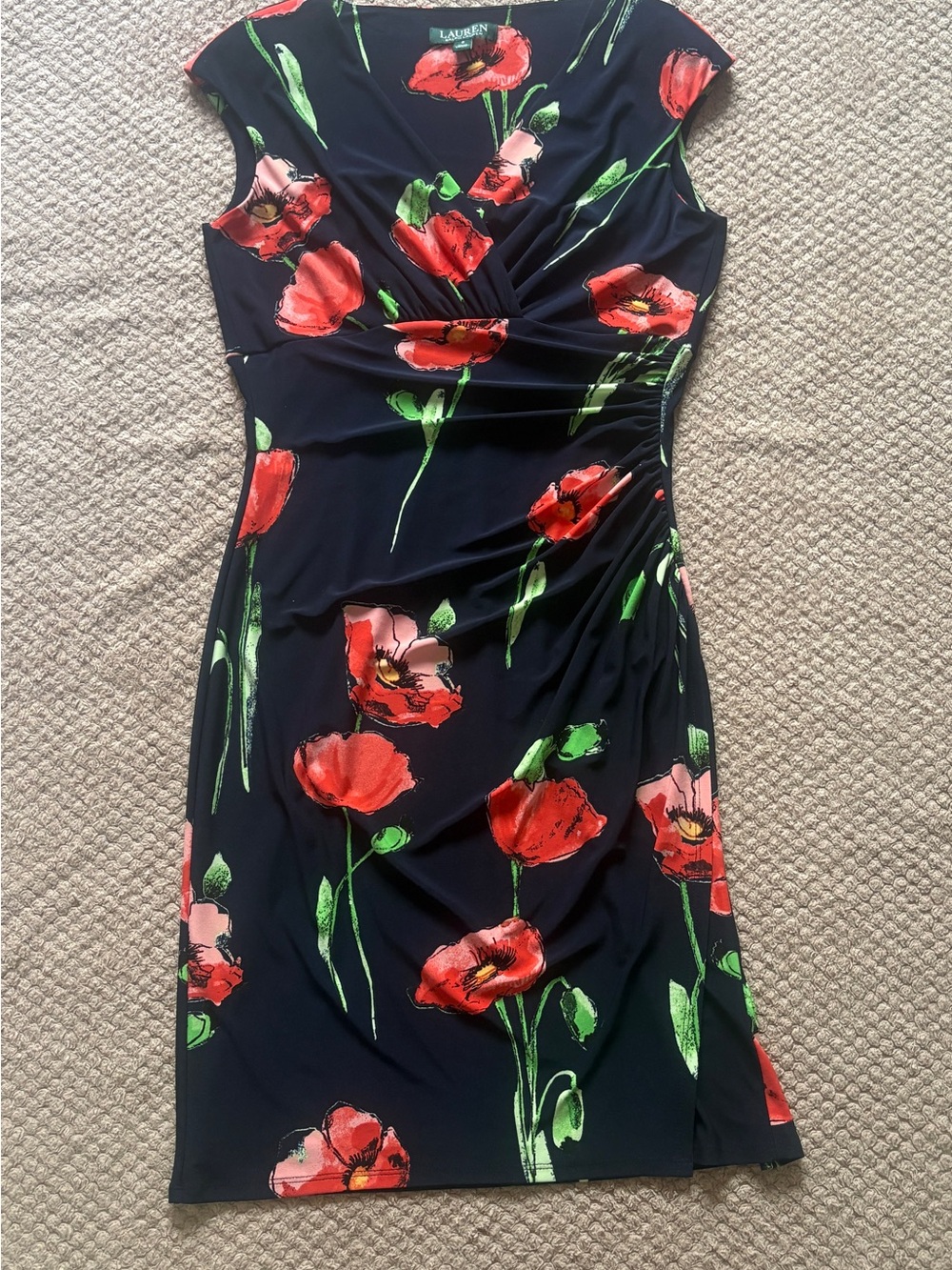 Lauren Ralph Lauren Navy Blue Red Poppy Floral Faux-Wrap Ruched Sheath Dress
